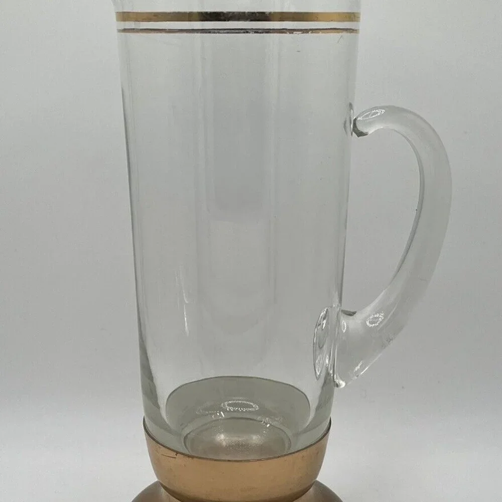 Vintage 60s MCM Glass Pitcher Brass Bottom With 6 Coupe Glasses W/ Gold Trim